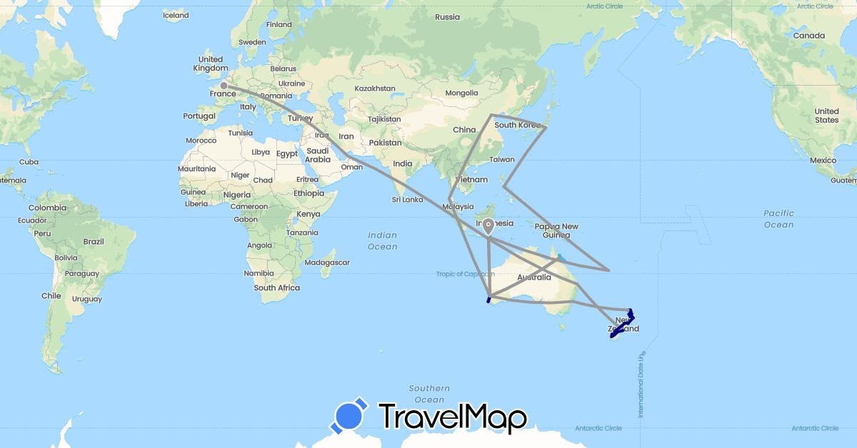 TravelMap itinerary: driving, plane, boat in United Arab Emirates, Australia, China, France, Indonesia, Japan, New Caledonia, New Zealand, Philippines, Thailand (Asia, Europe, Oceania)
